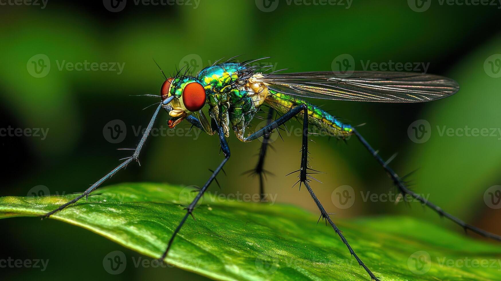 A vibrant green insect with large red eyes resting on a leaf photo