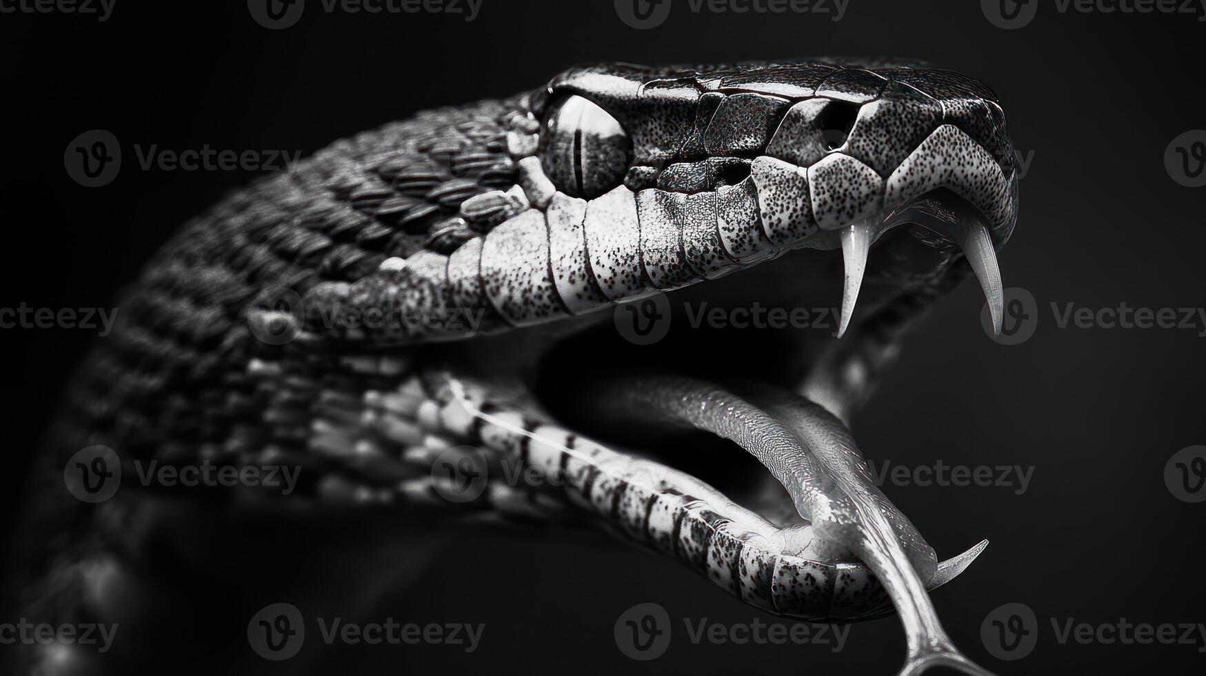 Detailed photograph capturing the open mouth of a snake with fangs photo