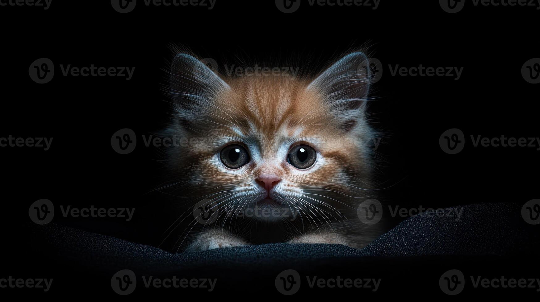 A cute ginger kitten peeking out from the encompassing darkness photo