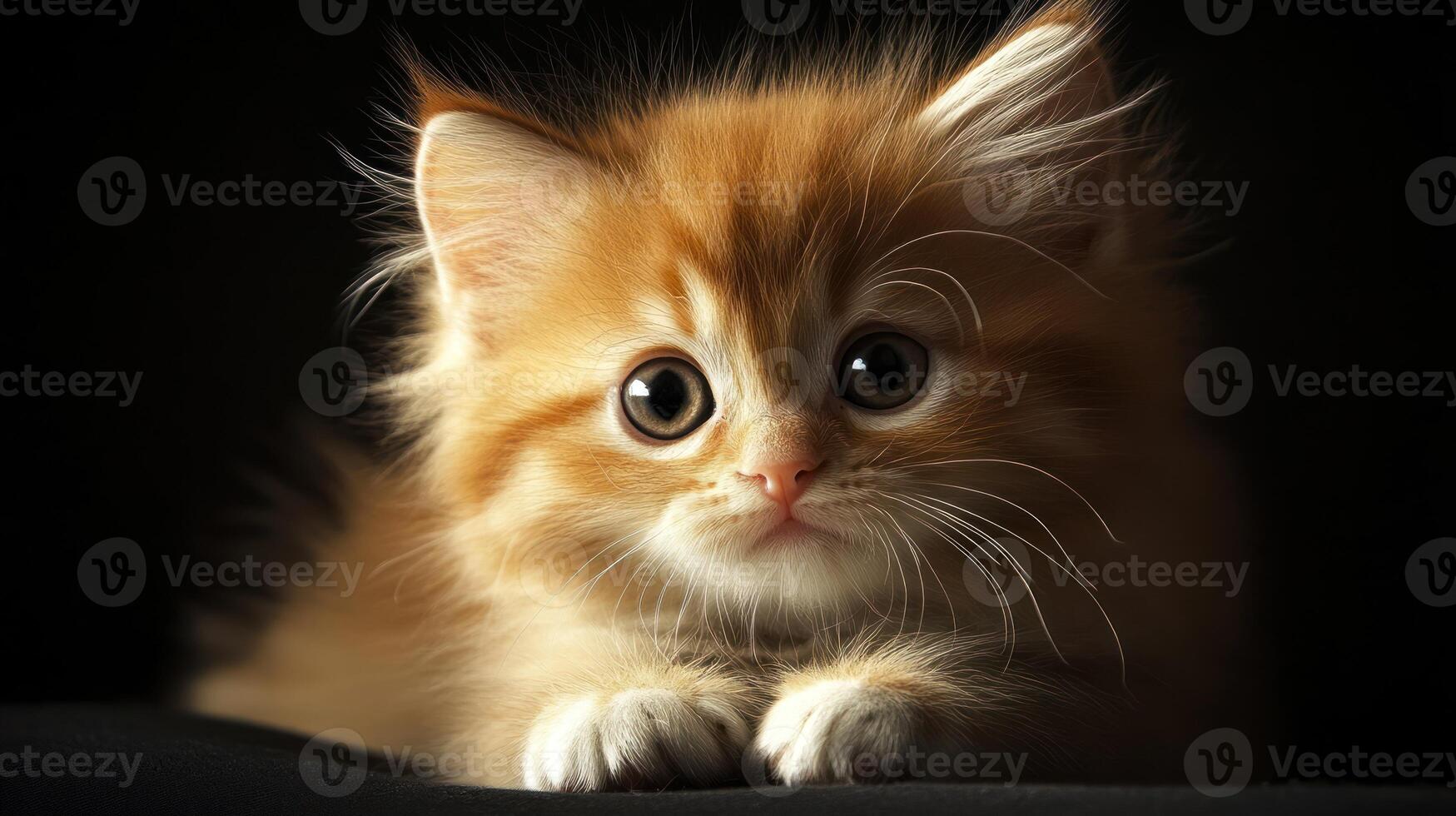 A fluffy orange kitten with big eyes is looking directly forward photo