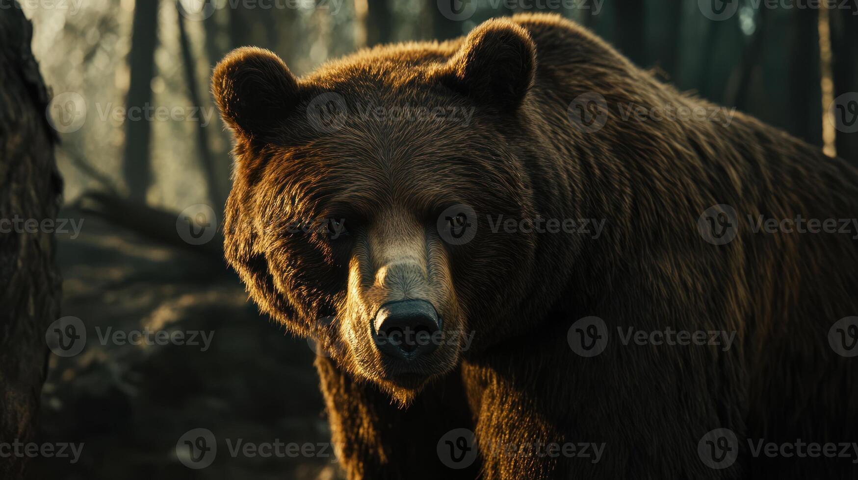 A large brown bear staring directly into the camera in a forest photo