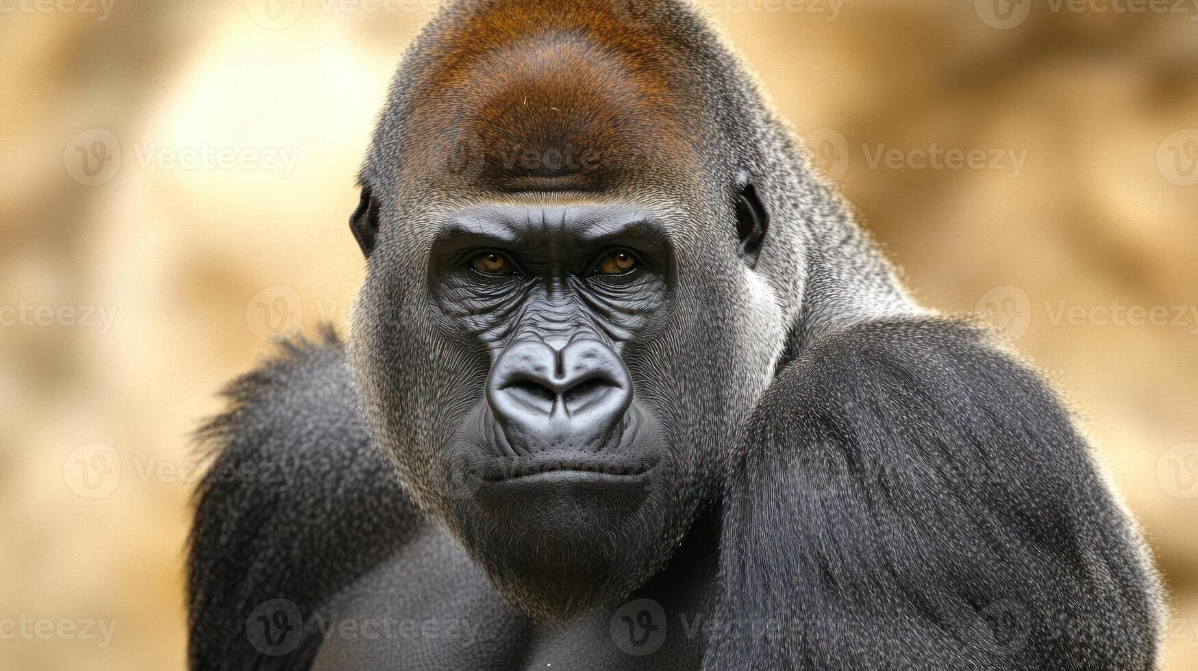 A large gorilla is looking directly into the camera with focus photo