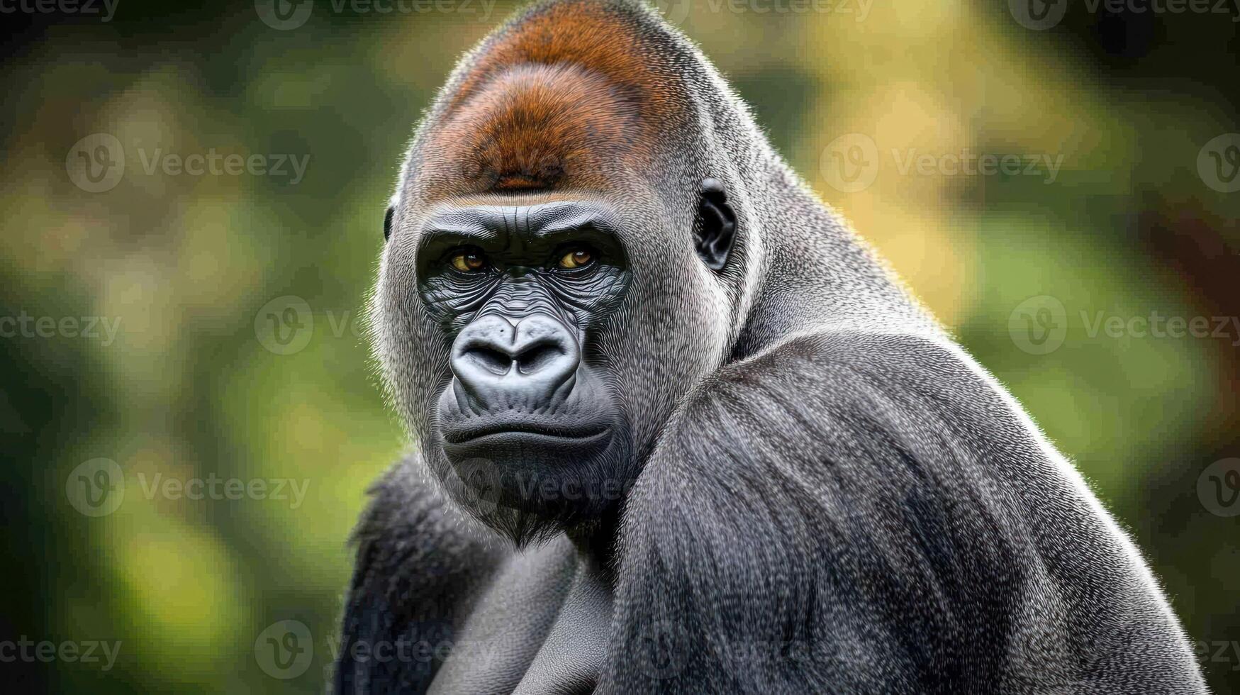 A close up portrait of a large silverback gorilla looking forward photo