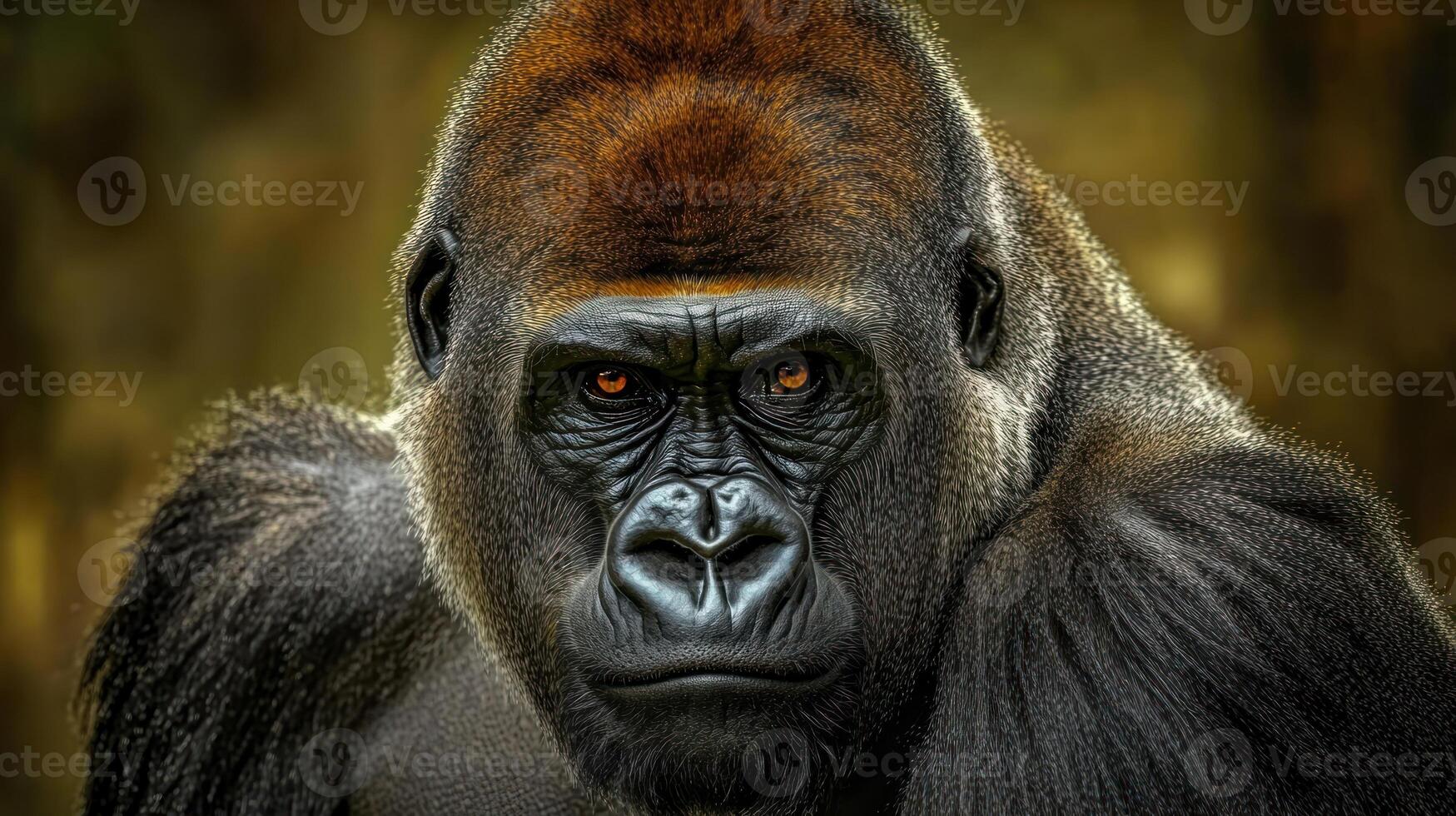 A detailed portrait of a majestic silverback gorilla staring directly at the viewer photo