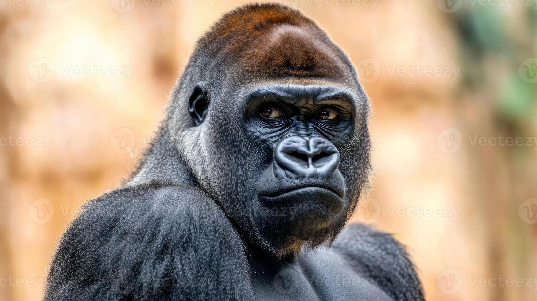A close portrait of a majestic silverback gorilla looking forward photo