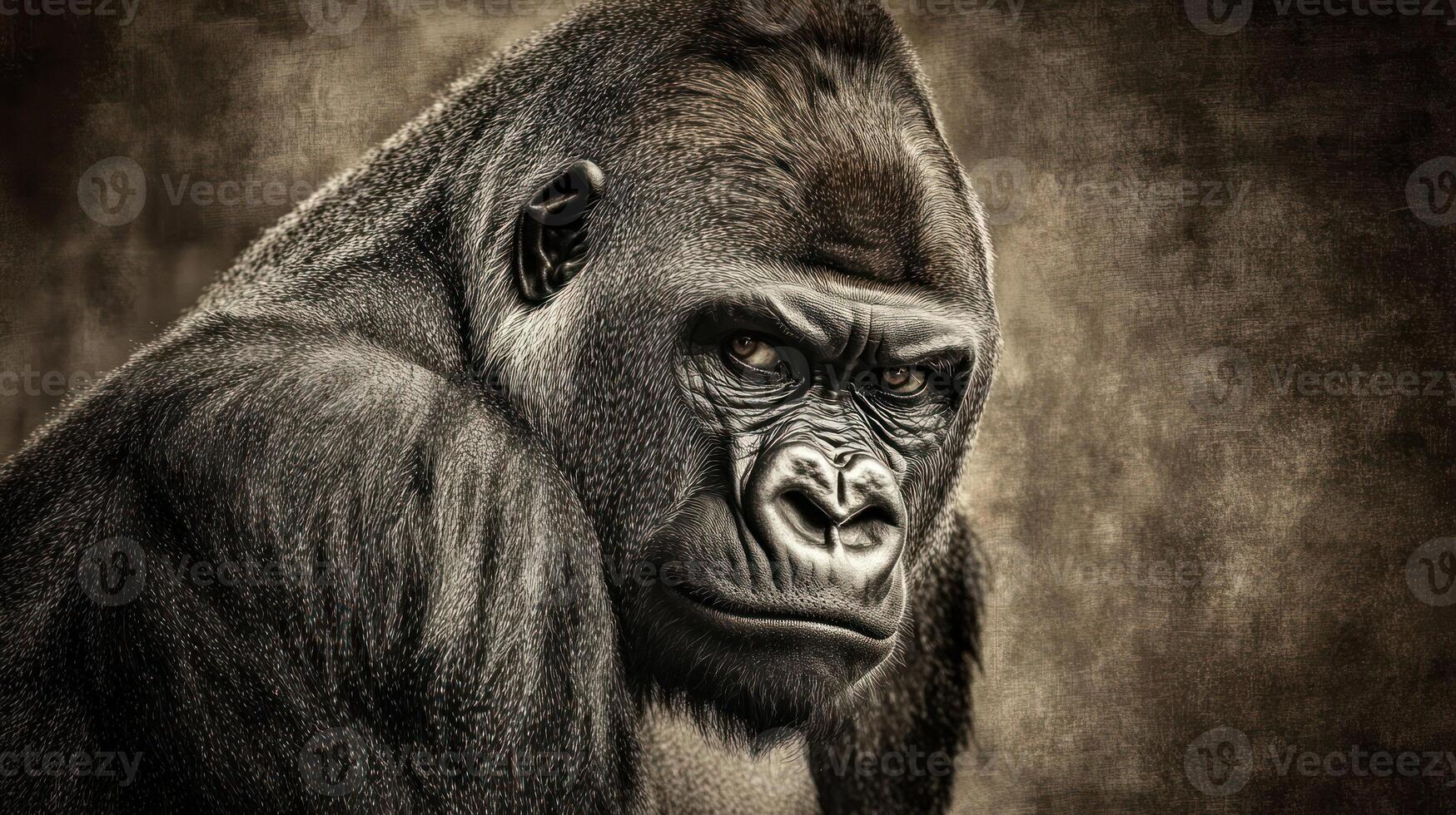 A powerful gorilla gazes directly at the viewer with intensity photo