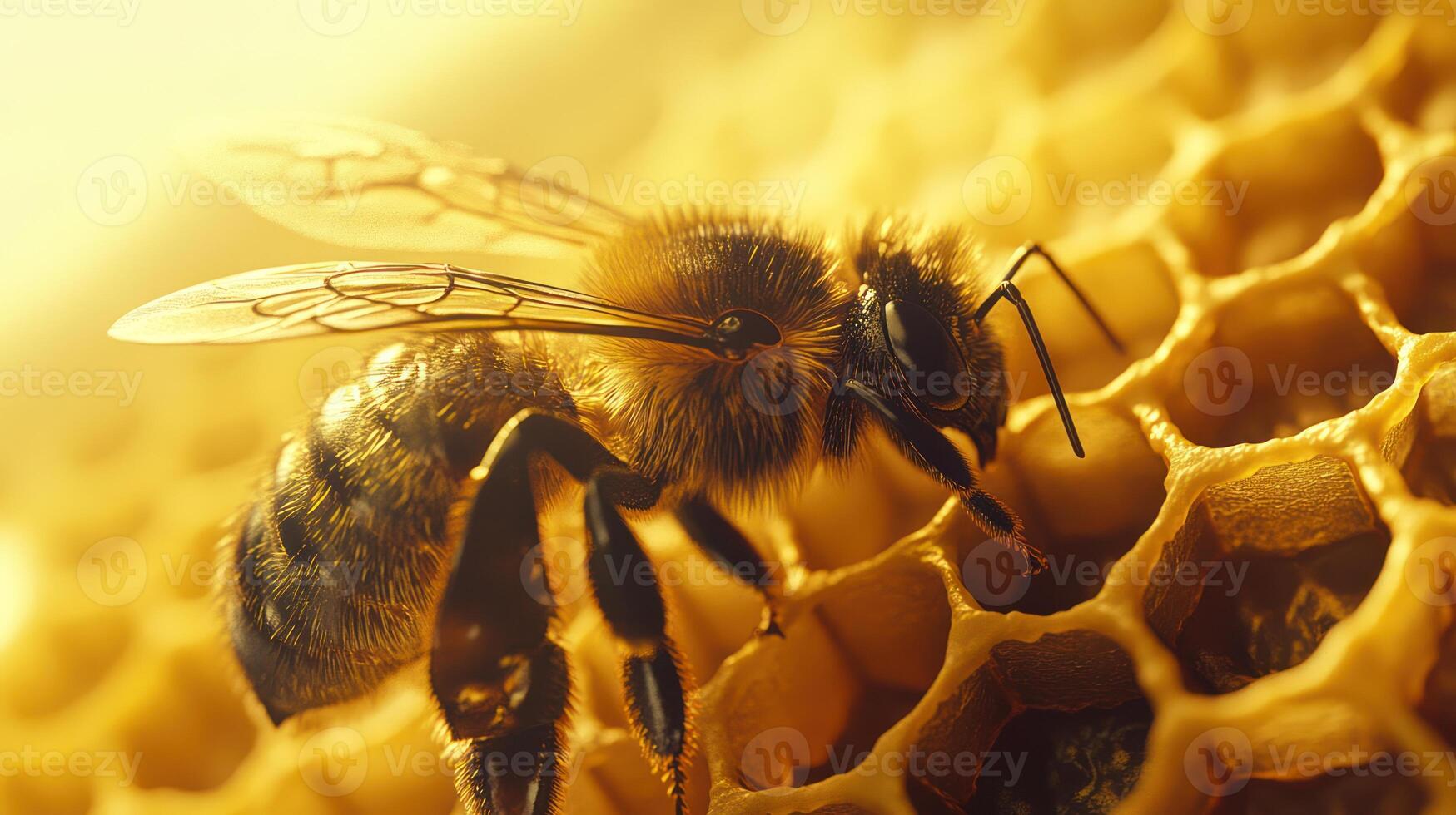 A close up picture shows a honeybee on a honeycomb photo