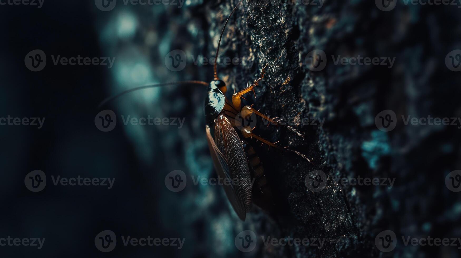 A close up image displays a brown cockroach on rough bark photo