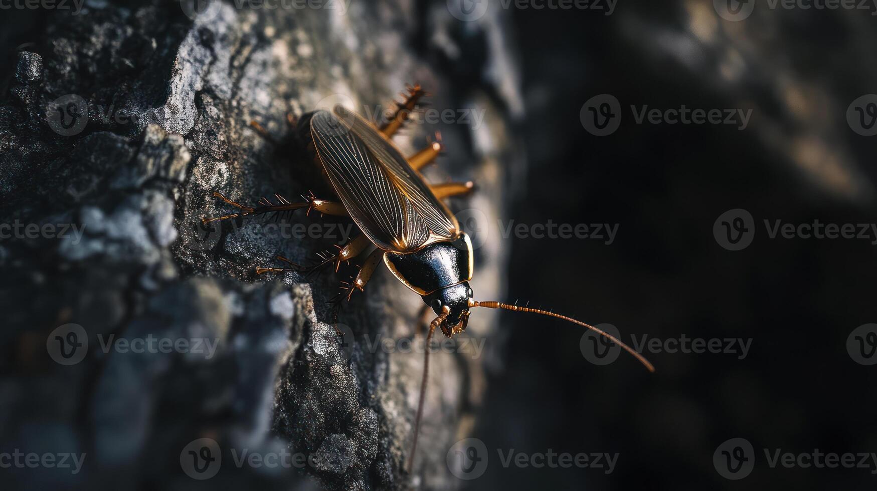 Close up view of a cockroach resting on textured bark photo