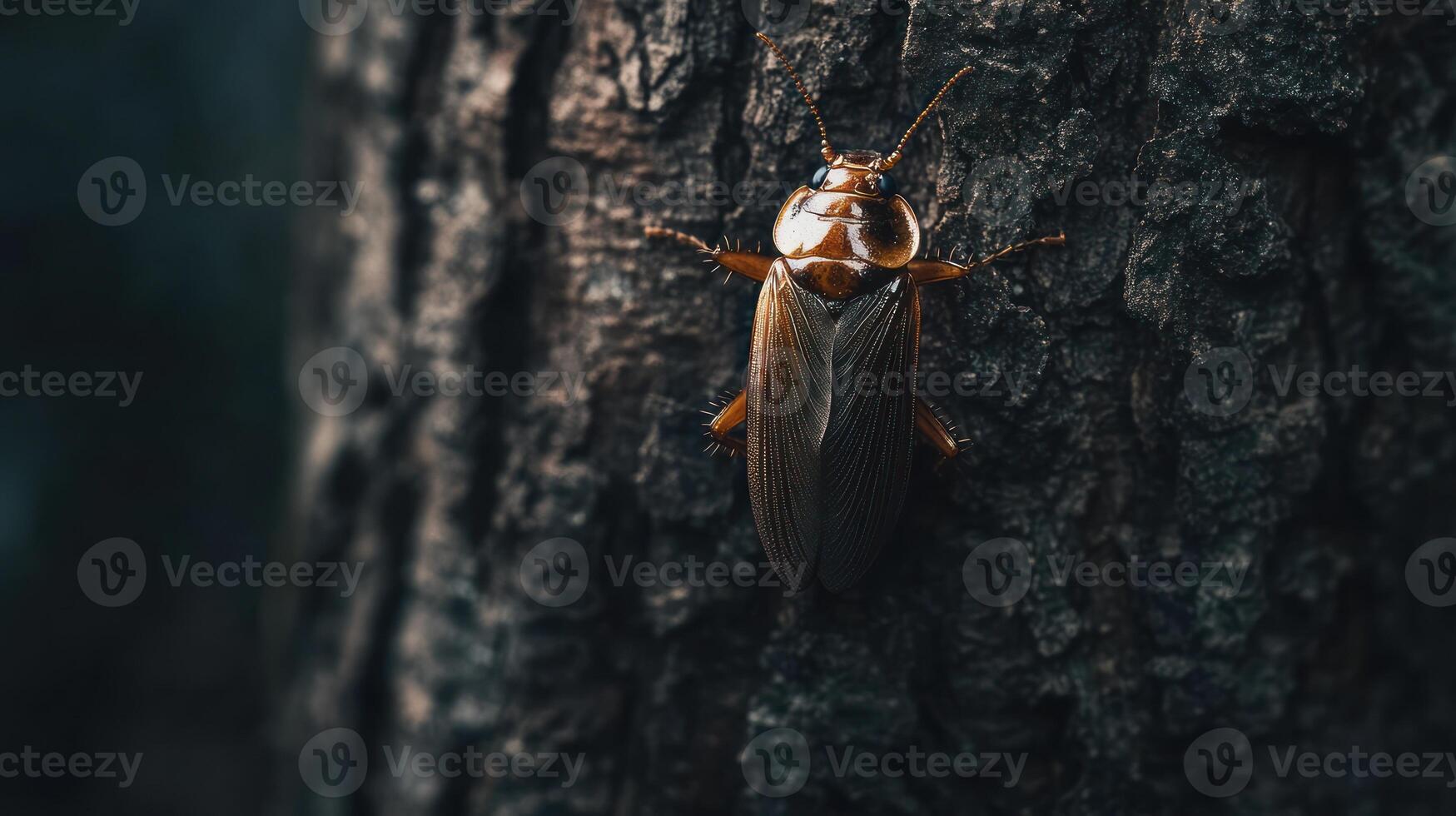 A close up photograph shows a bug on tree bark photo