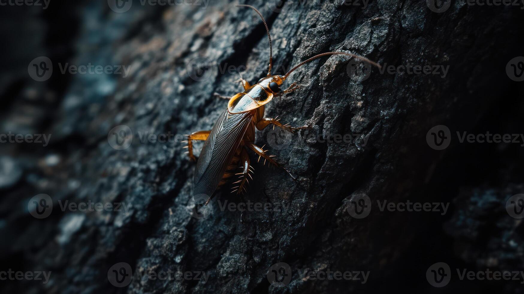 A detailed macro image of a cockroach on tree bark photo