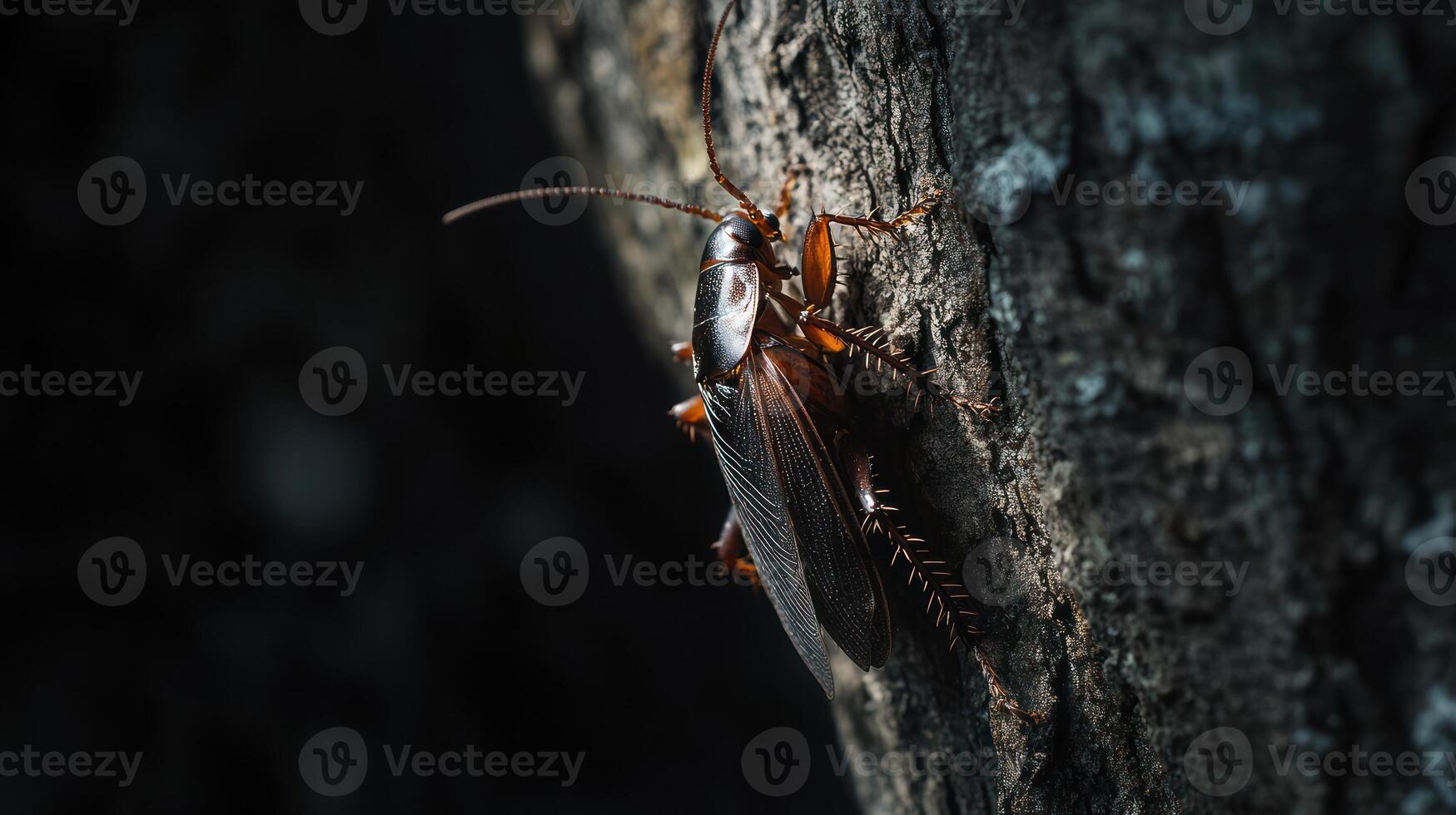 A brown cockroach is clinging to a tree trunk in detail photo