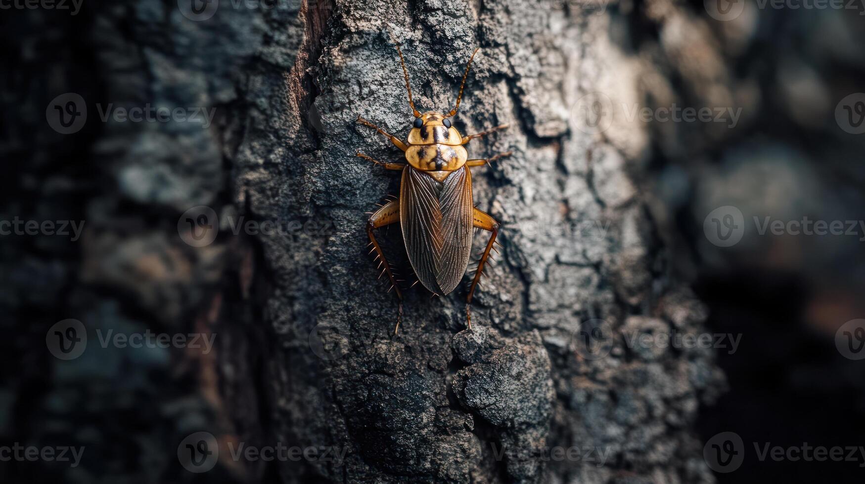 A detailed photograph showing a cockroach perched on textured tree bark photo