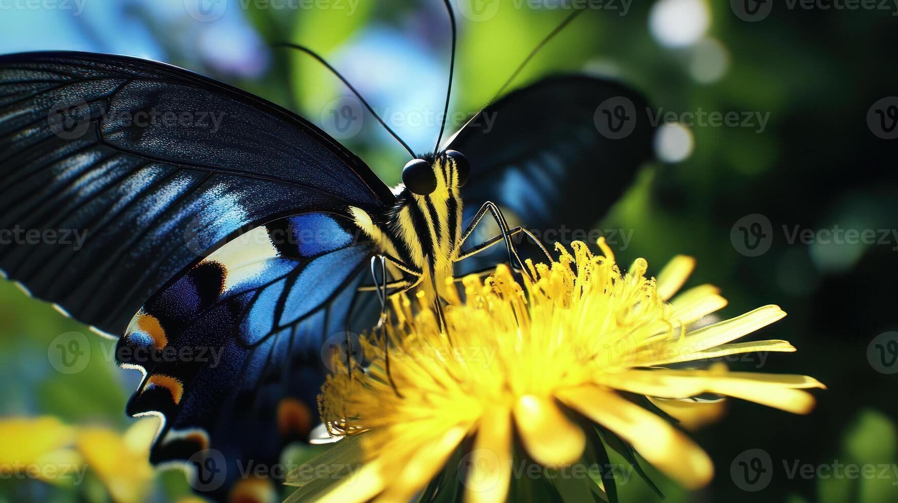 A beautiful butterfly rests on a bright yellow dandelion flower photo