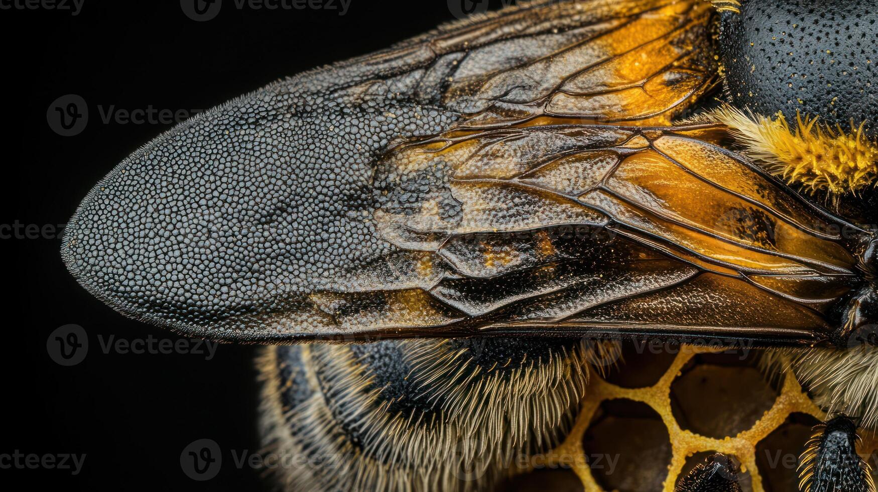 Close up image of a bee wing and body section photo