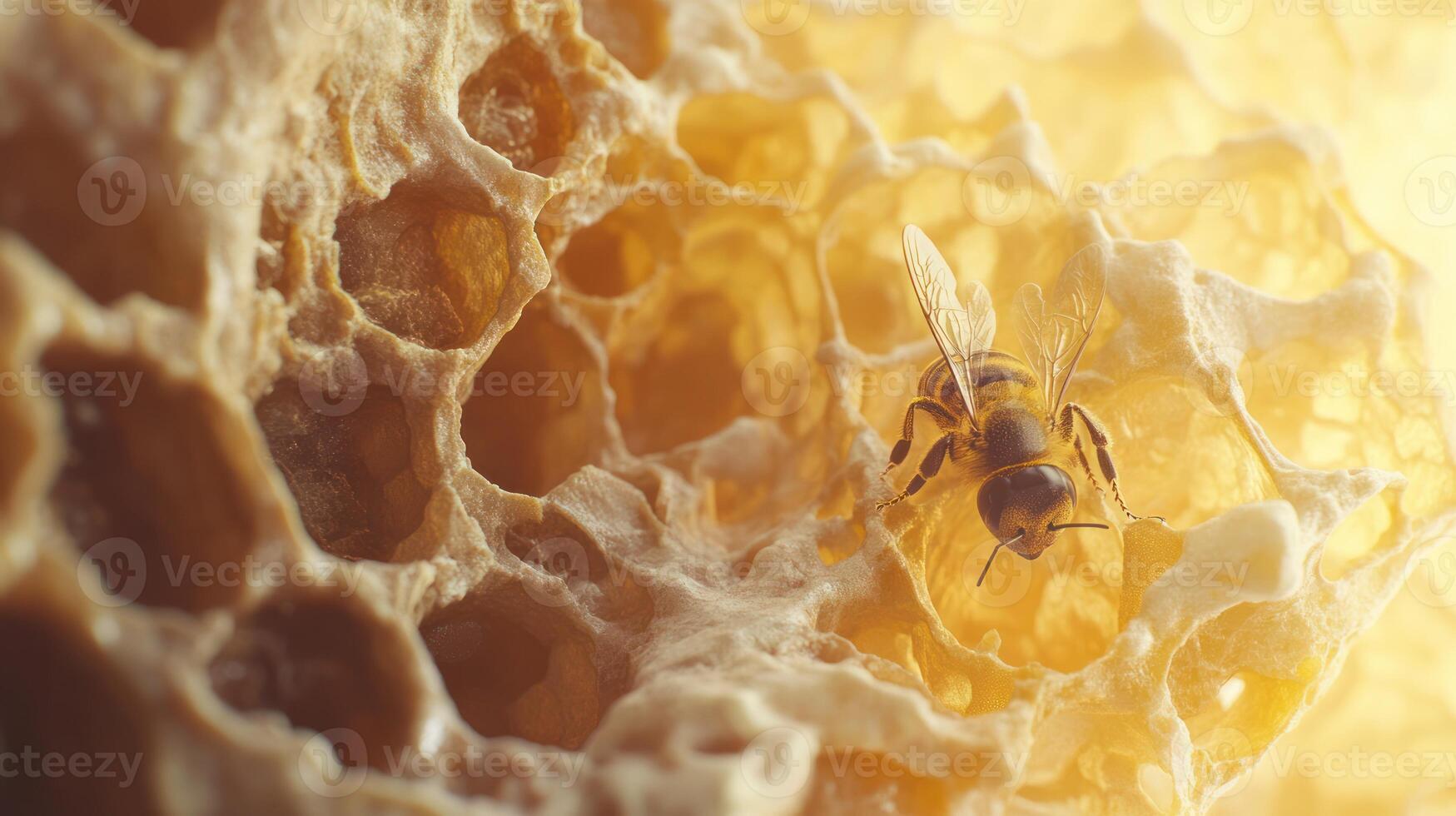 A honeybee rests upon a portion of a golden honeycomb structure photo