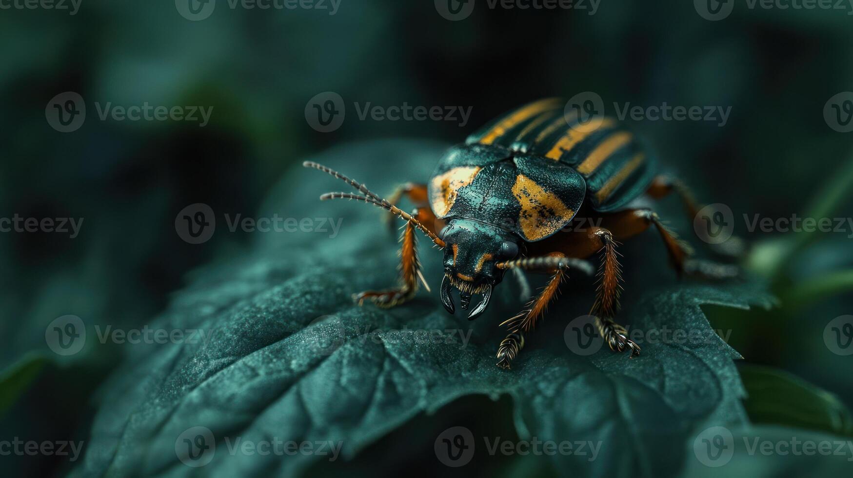 A detailed macro photograph of a striped insect on a green leaf photo