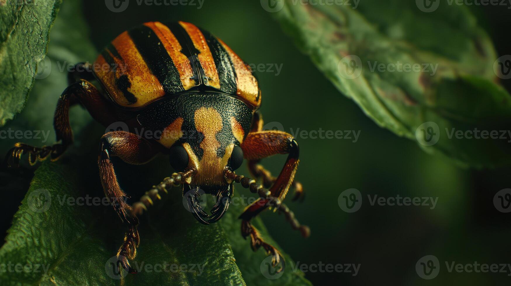A close up image of a colorful striped beetle photo