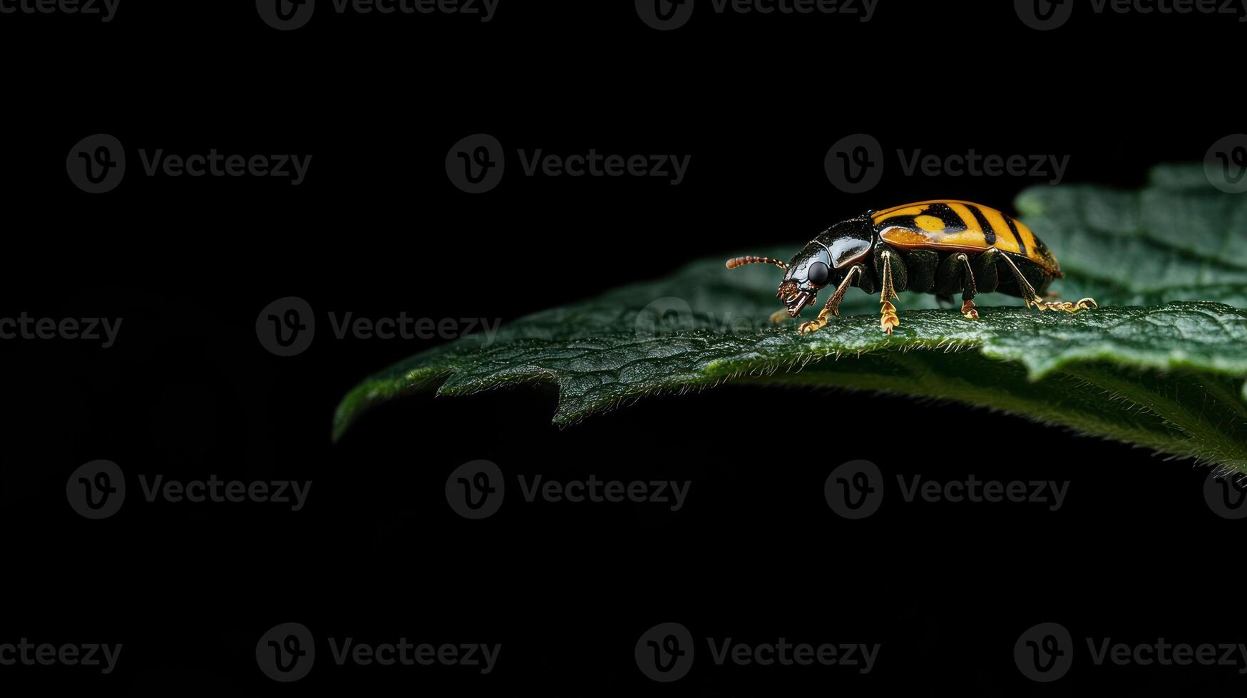 A small insect with stripes rests on a green leaf photo