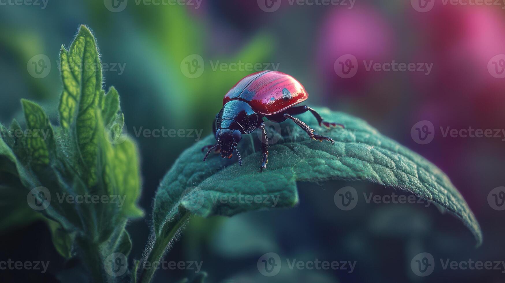A shiny red beetle rests delicately on a green leaf photo