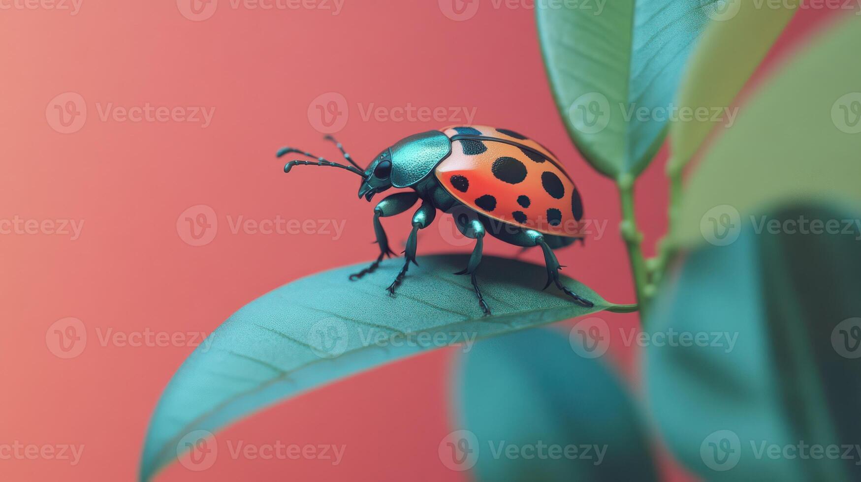 A detailed image showing a ladybug resting on a green leaf photo