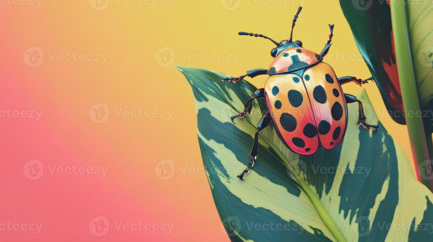 A colorful spotted beetle rests on a textured green leaf photo