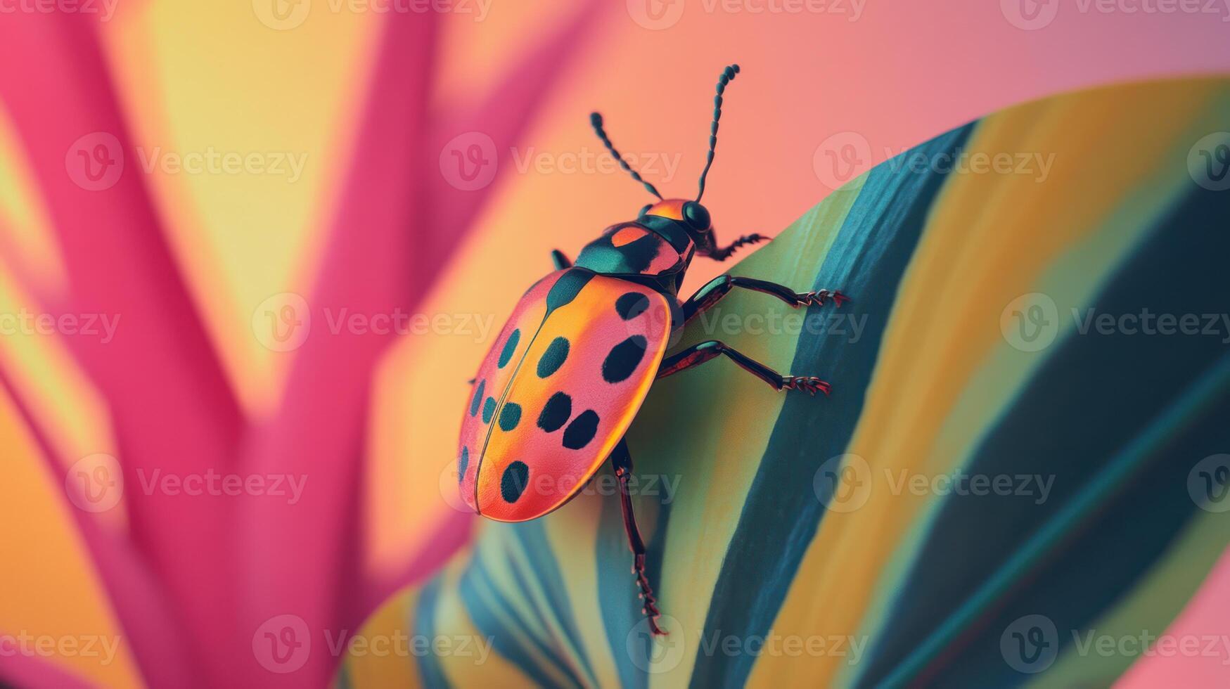 A colorful spotted beetle rests on a striped tropical leaf photo