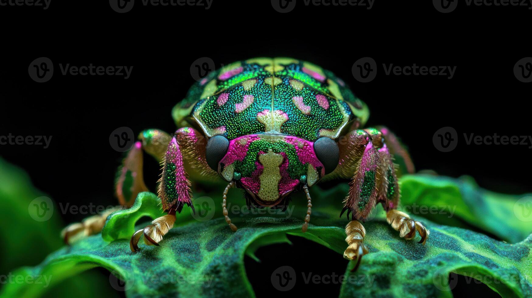 A detailed portrait showcases a colorful insect on a leaf photo