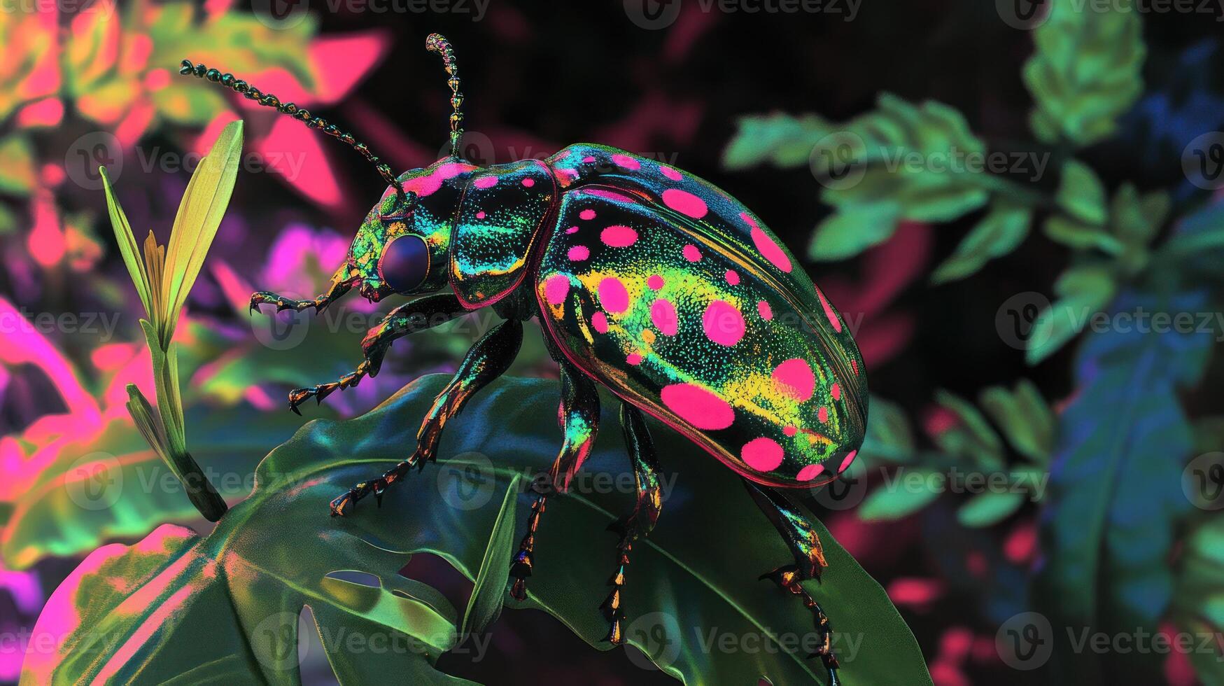 A colorful insect with spots sits on a green leaf photo