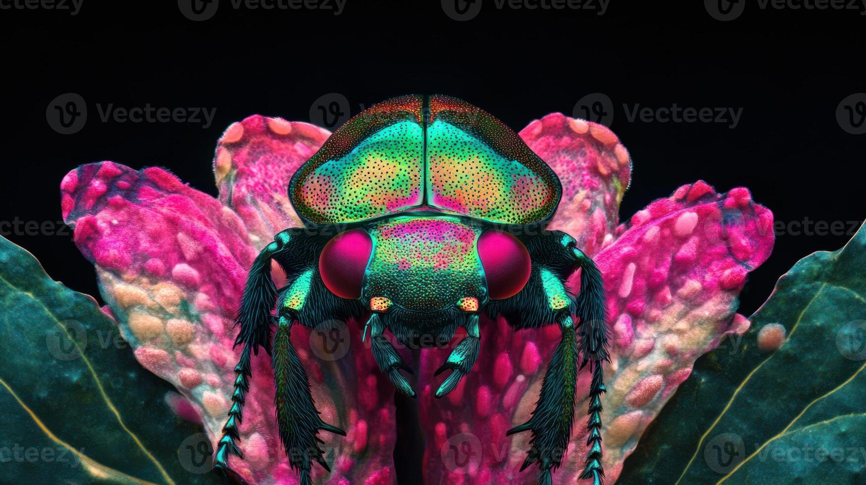 A detailed macro photograph displays a vibrant iridescent beetle and foliage photo