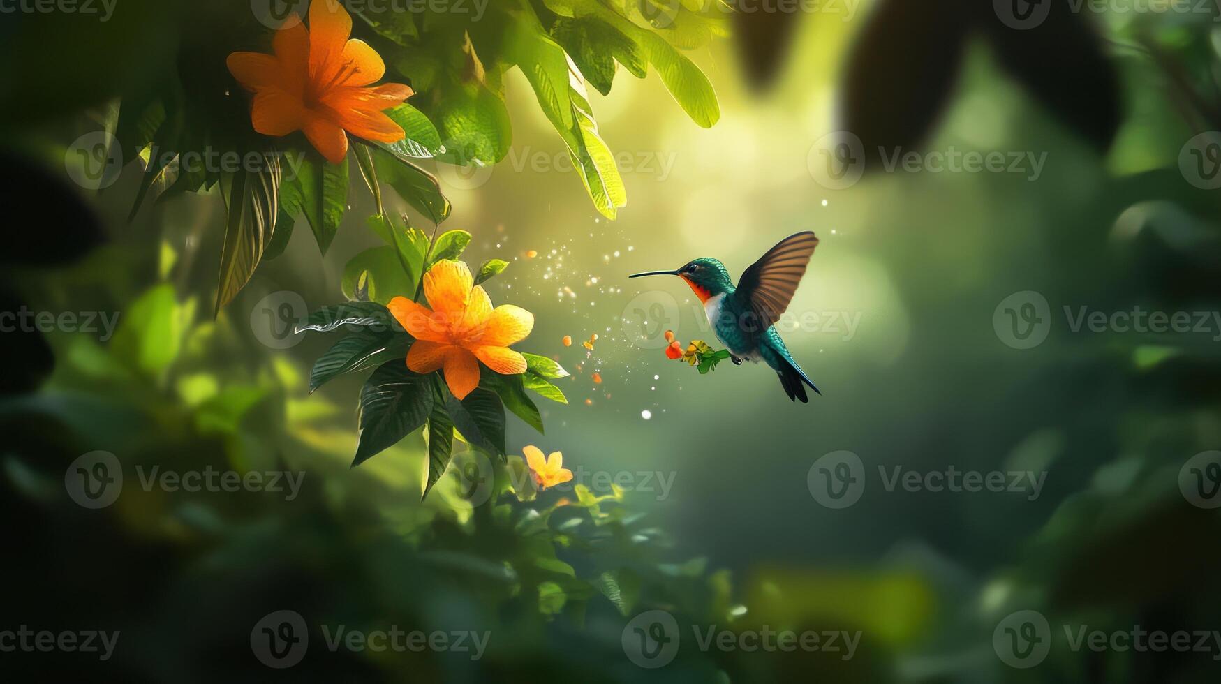 A hummingbird hovering near flowers in a lush green garden photo