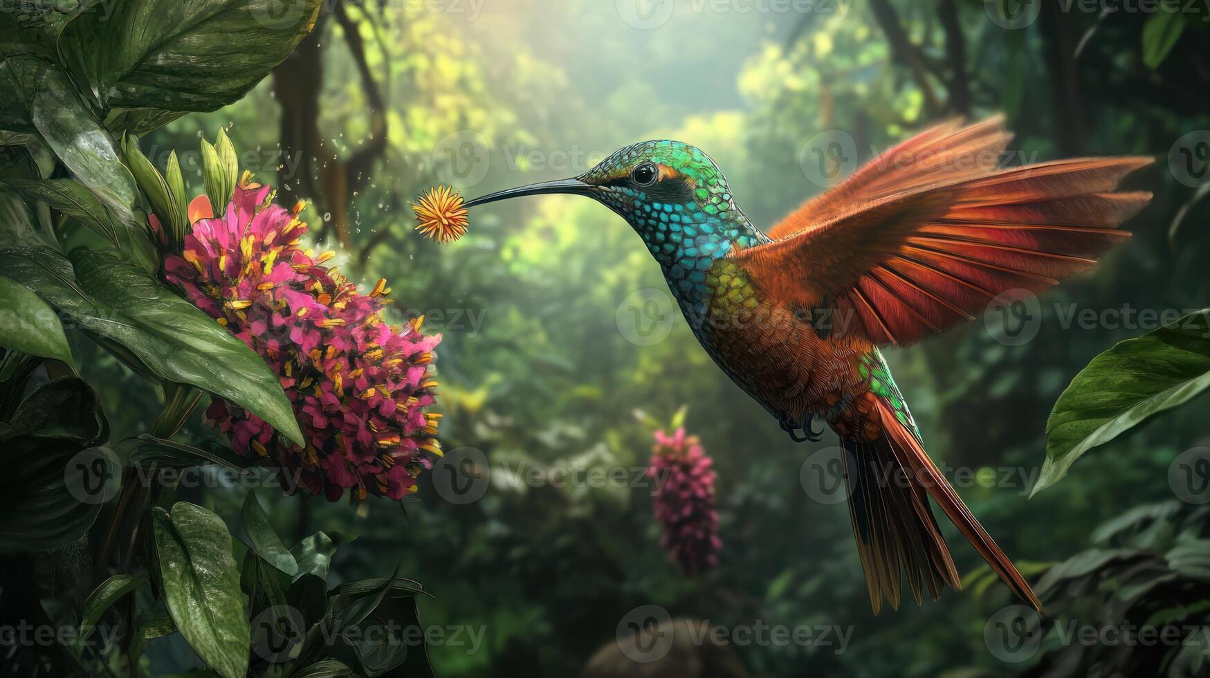 A colorful hummingbird hovering near vibrant blooming flowers in the jungle photo