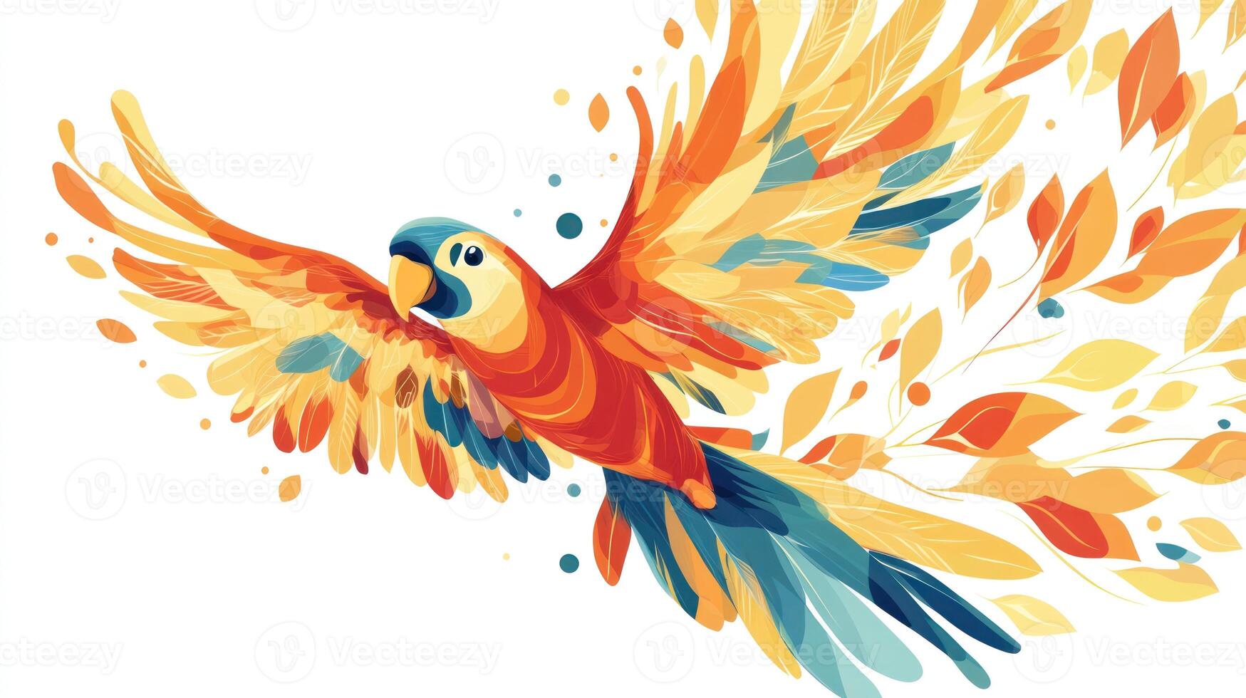 A colorful parrot depicted soaring with wings outstretched in flight photo