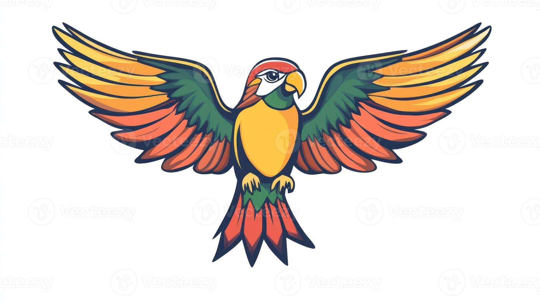 A brightly colored illustration depicting a stylized parrot with wings open photo