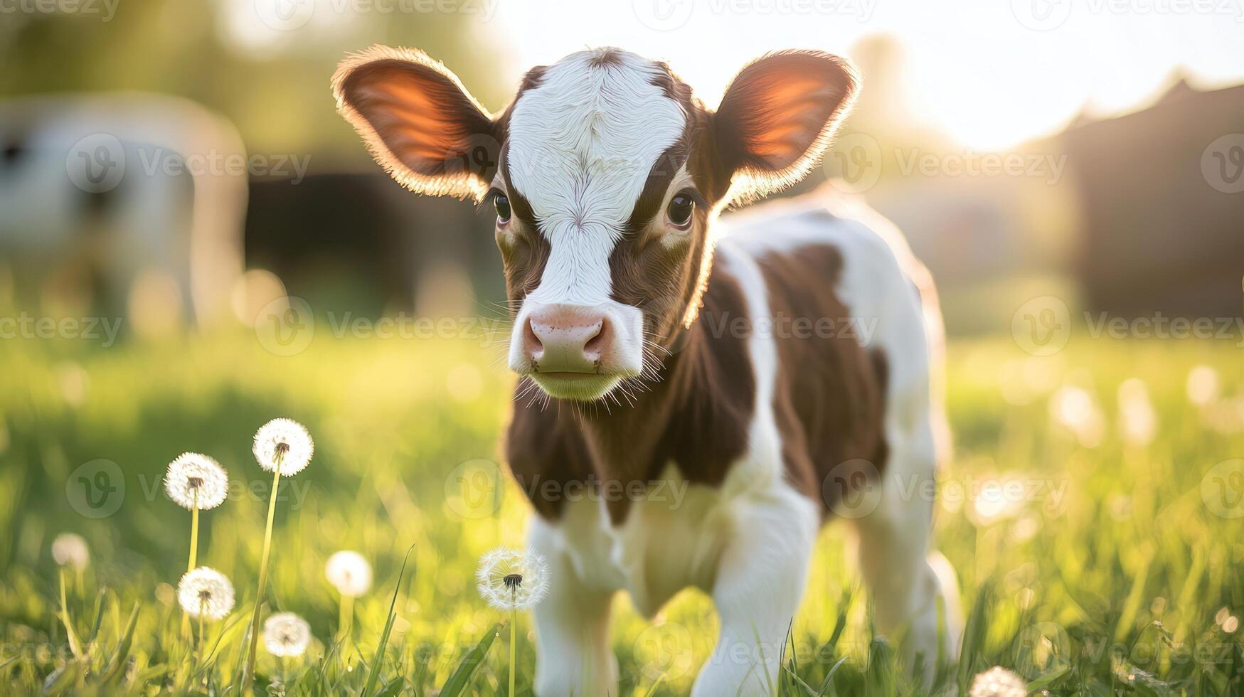 A cute calf stands in a grassy field illuminated by sunlight photo
