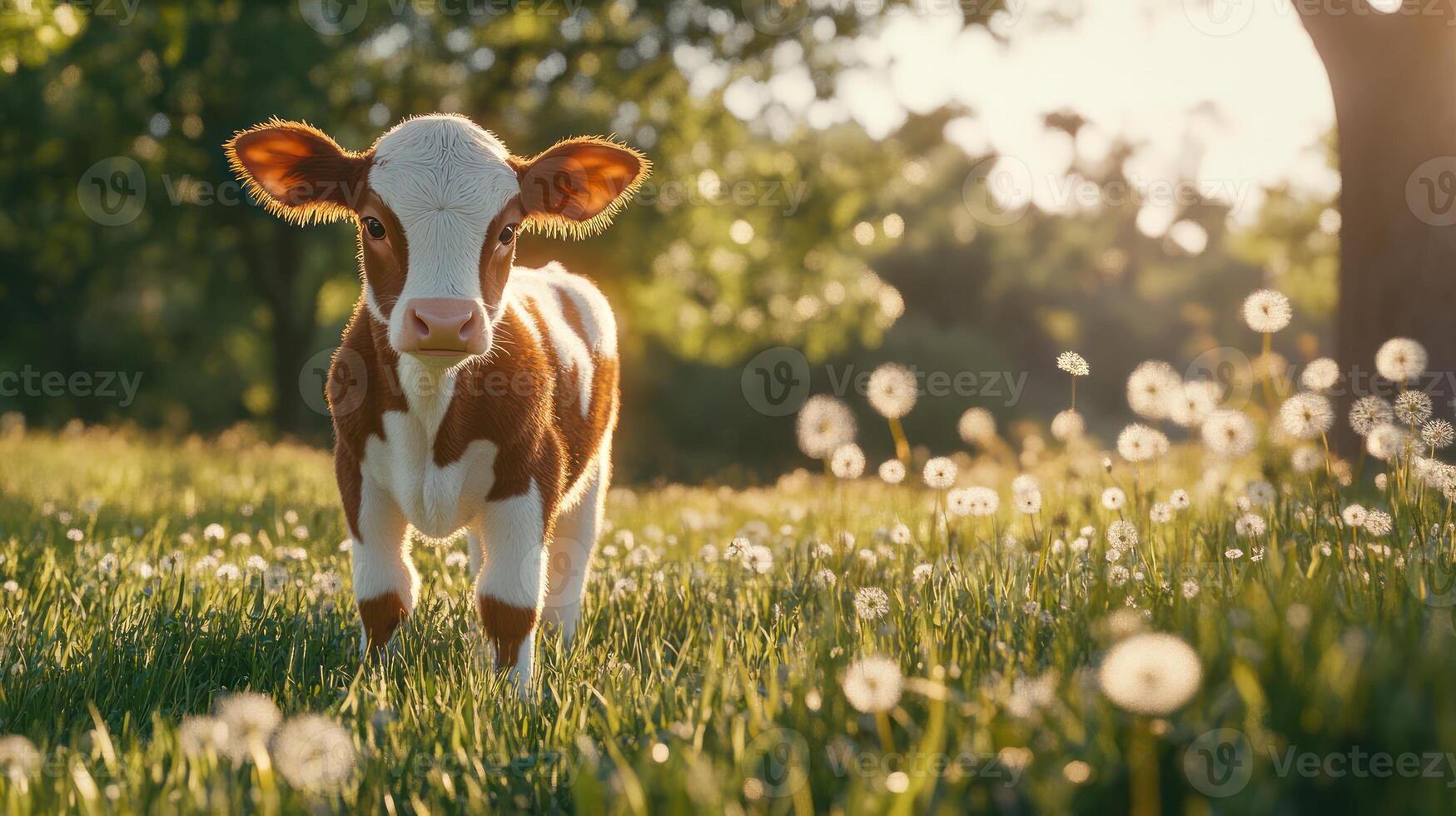 A small calf is standing in a field of grass and flowers photo
