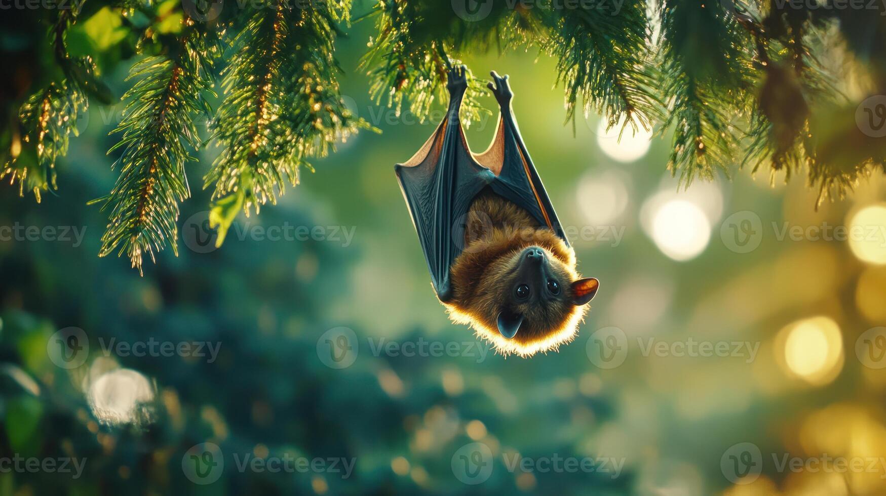 A brown bat is hanging upside down in a green tree photo