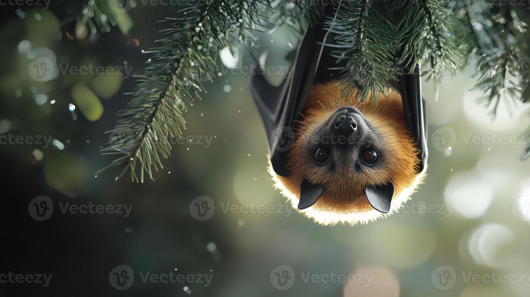 An adorable fruit bat hangs upside down on a tree branch photo