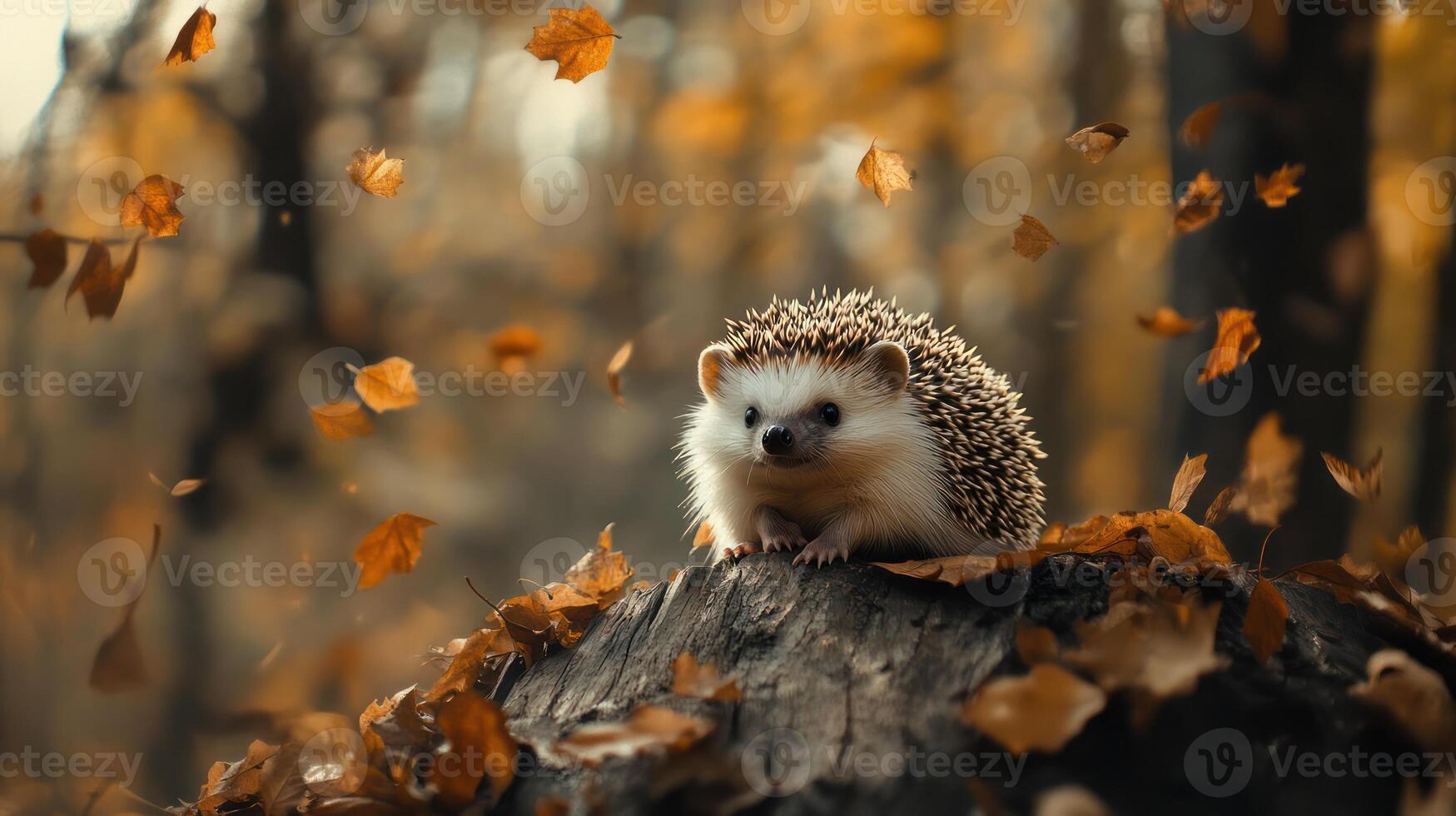 An adorable hedgehog sits amidst falling autumn leaves on a log photo