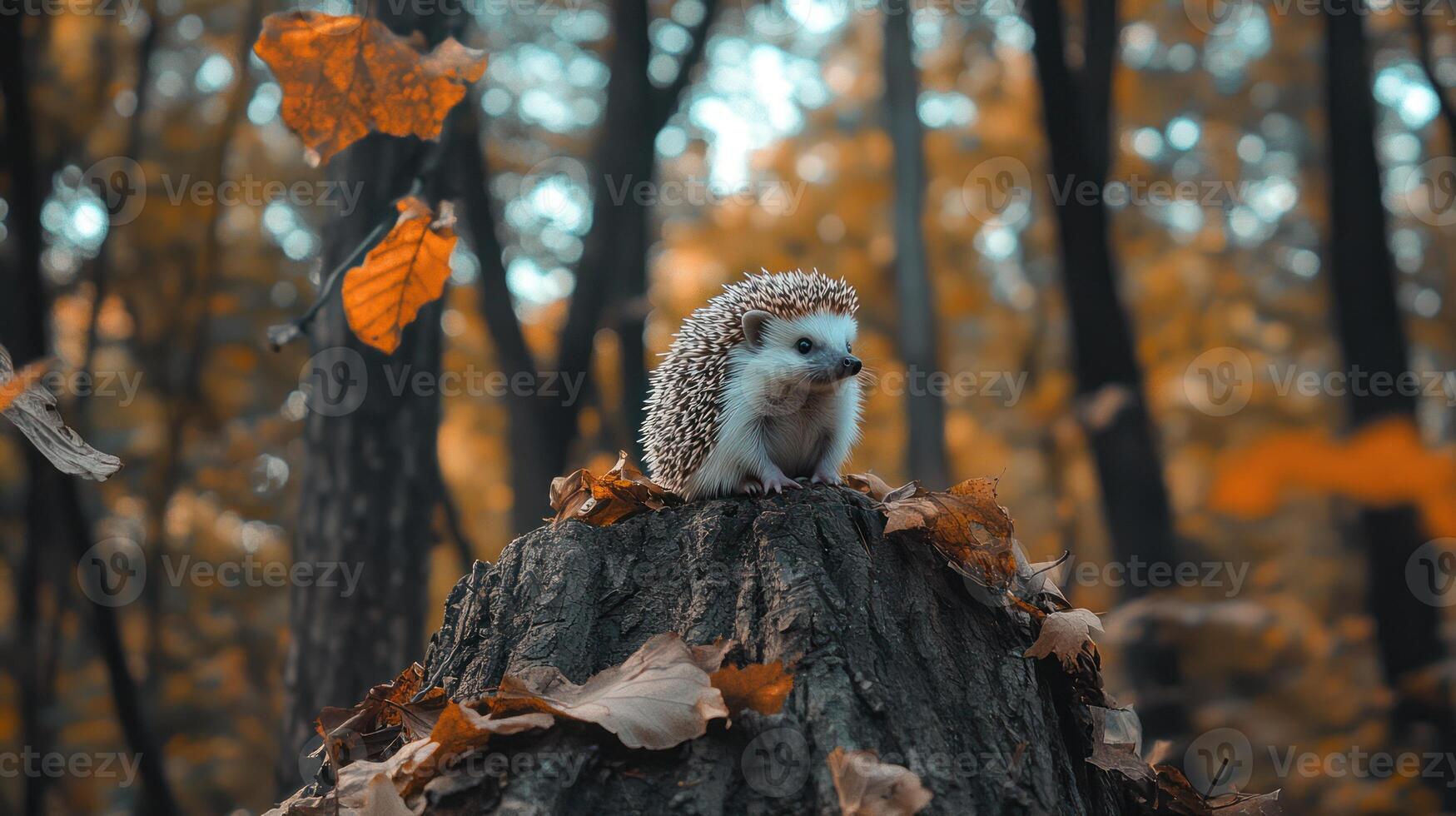 An adorable hedgehog sits on a tree stump surrounded by foliage photo