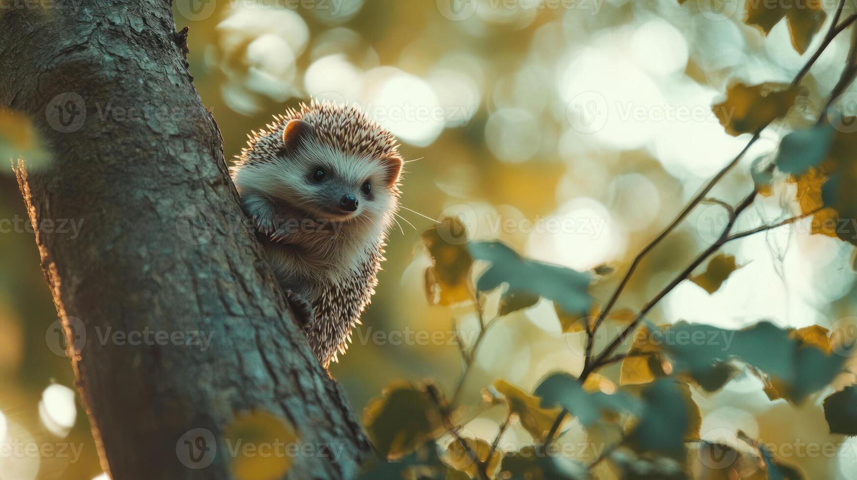 A cute hedgehog is perched on a tree branch in nature photo