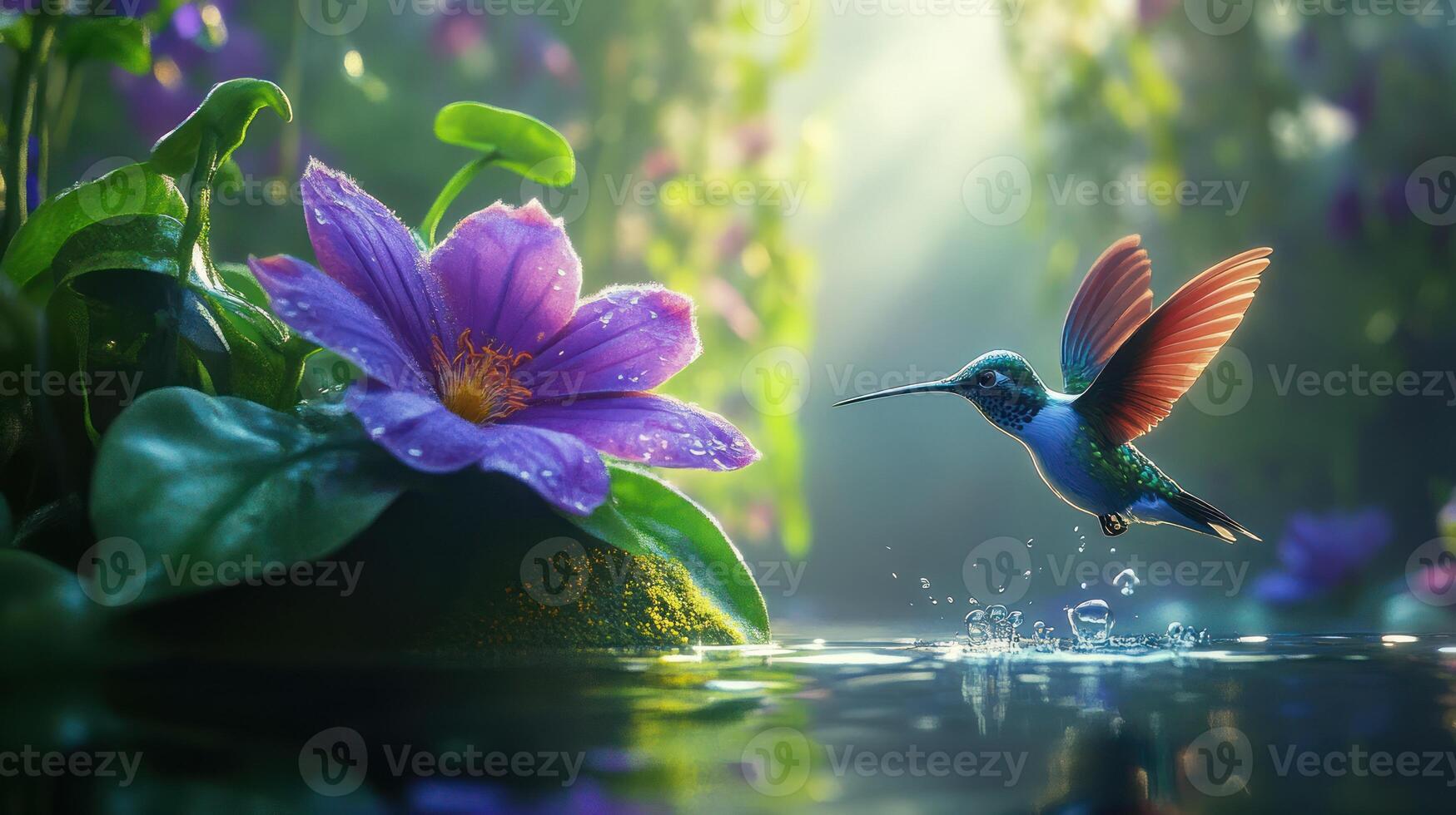 A vibrant hummingbird flies towards a purple flower in nature photo