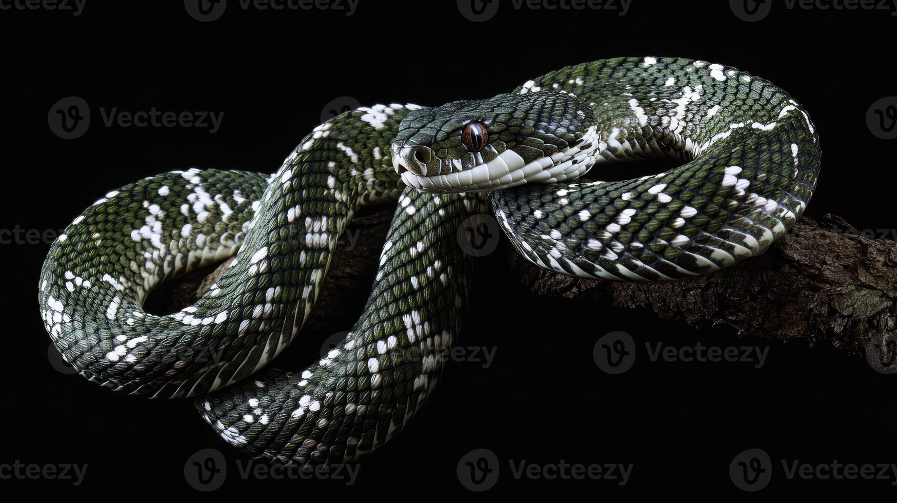 A green and white snake coiled on a wooden branch photo