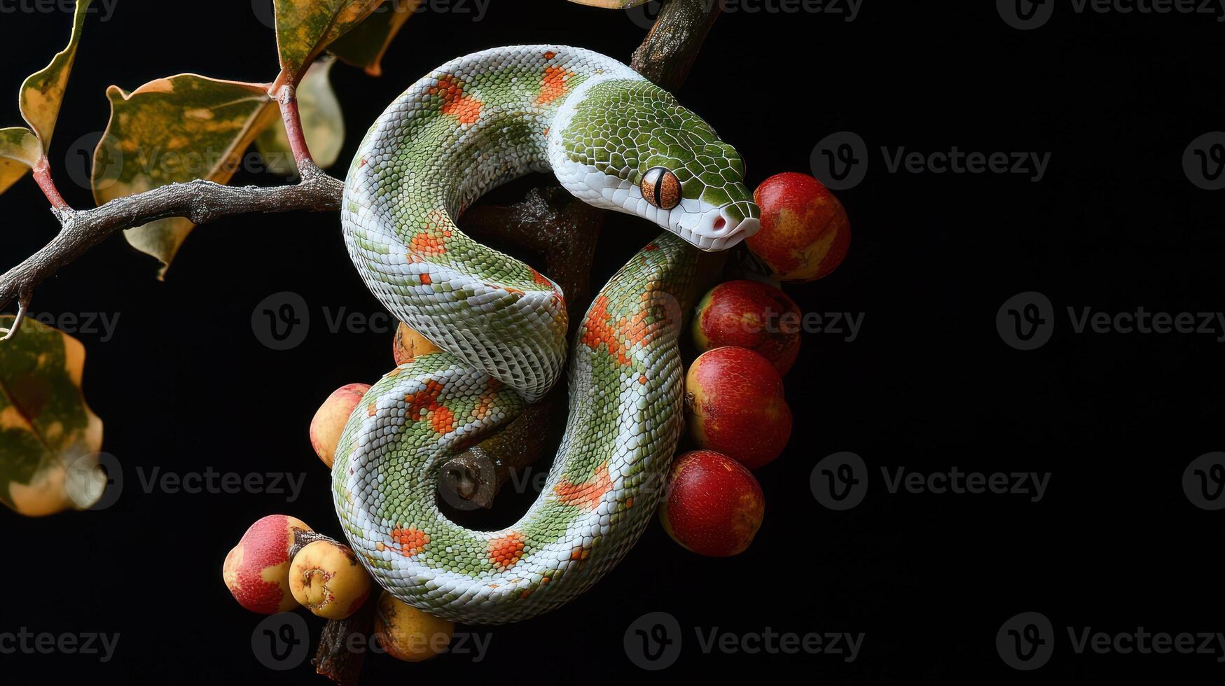 A vibrant green snake coiled on a branch with red fruits photo