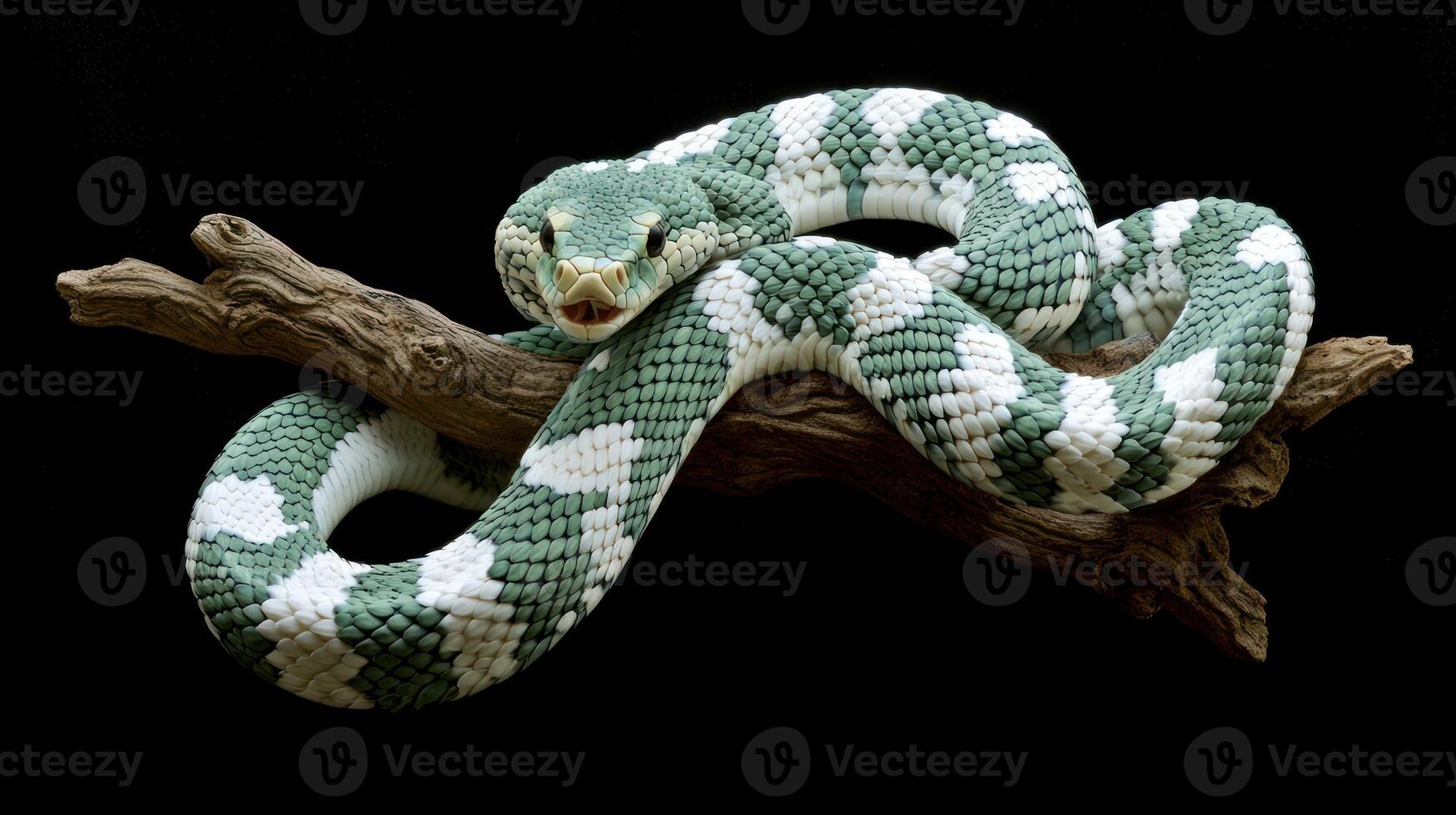 A vibrant green and white patterned snake on a branch photo