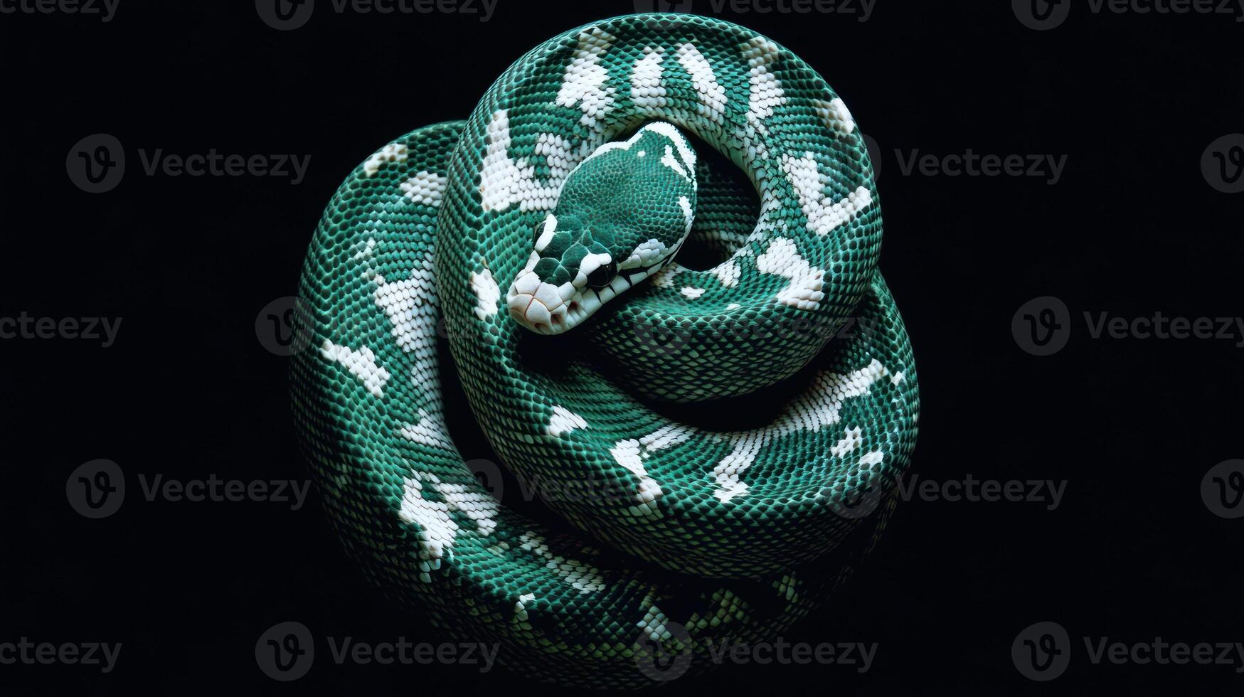A Green Snake Is Coiled In A Dark Environment photo