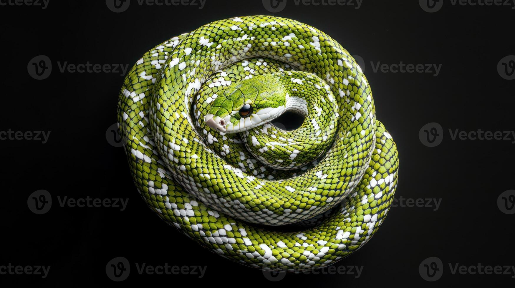 A coiled green snake with white markings rests on black photo