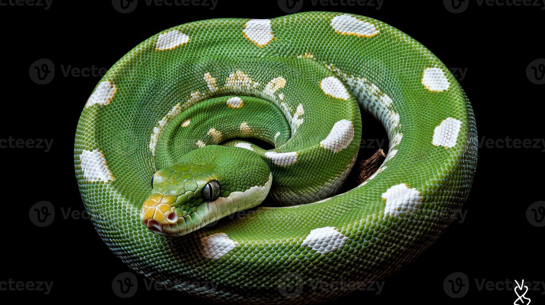 A curled green snake with white markings against a black backdrop photo