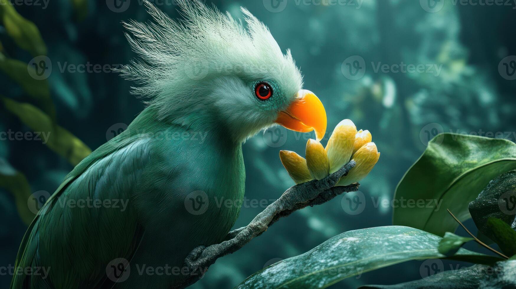 A colorful bird perched on a branch holding a flower photo