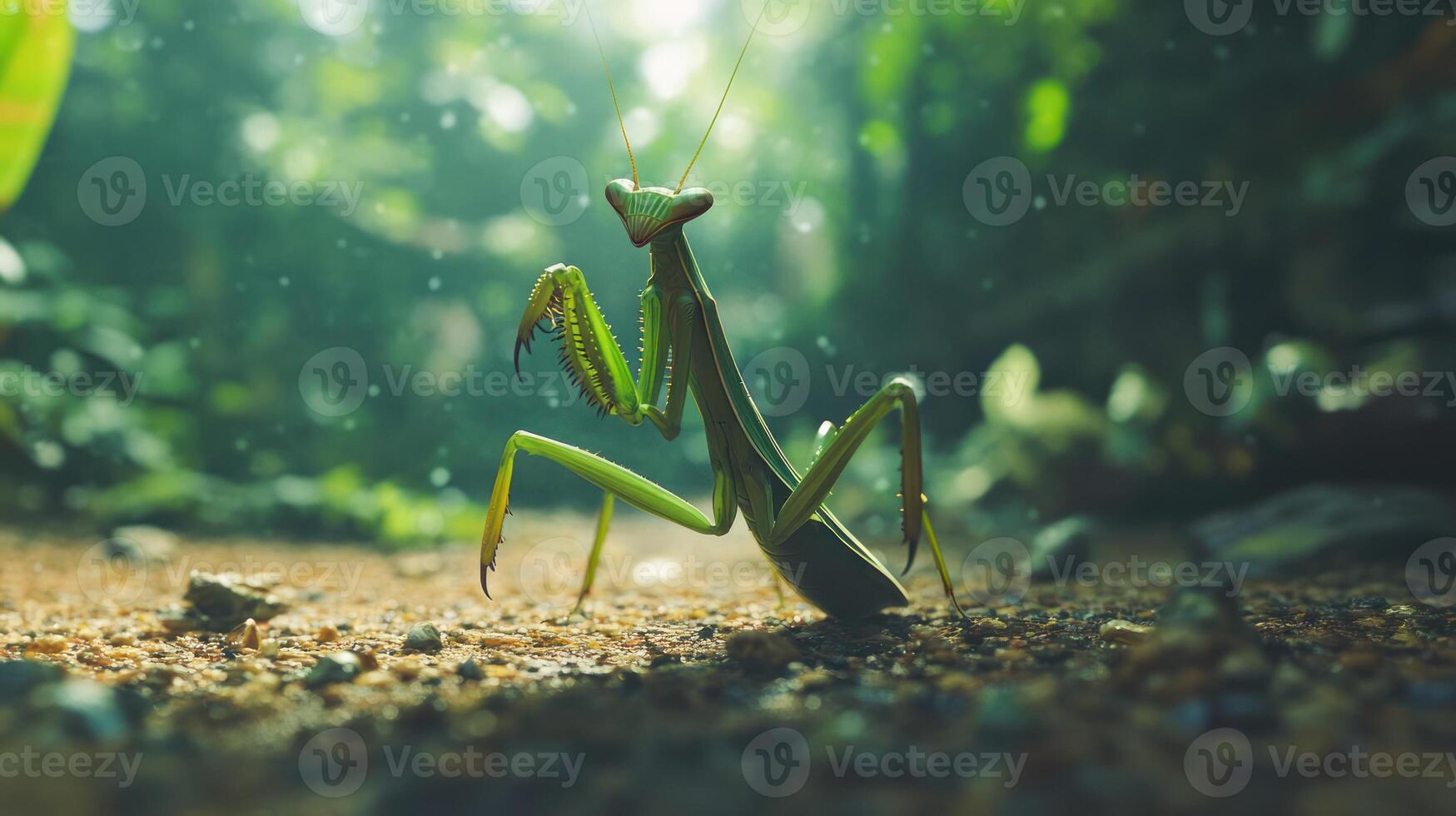A green praying mantis stands tall on a forest floor photo